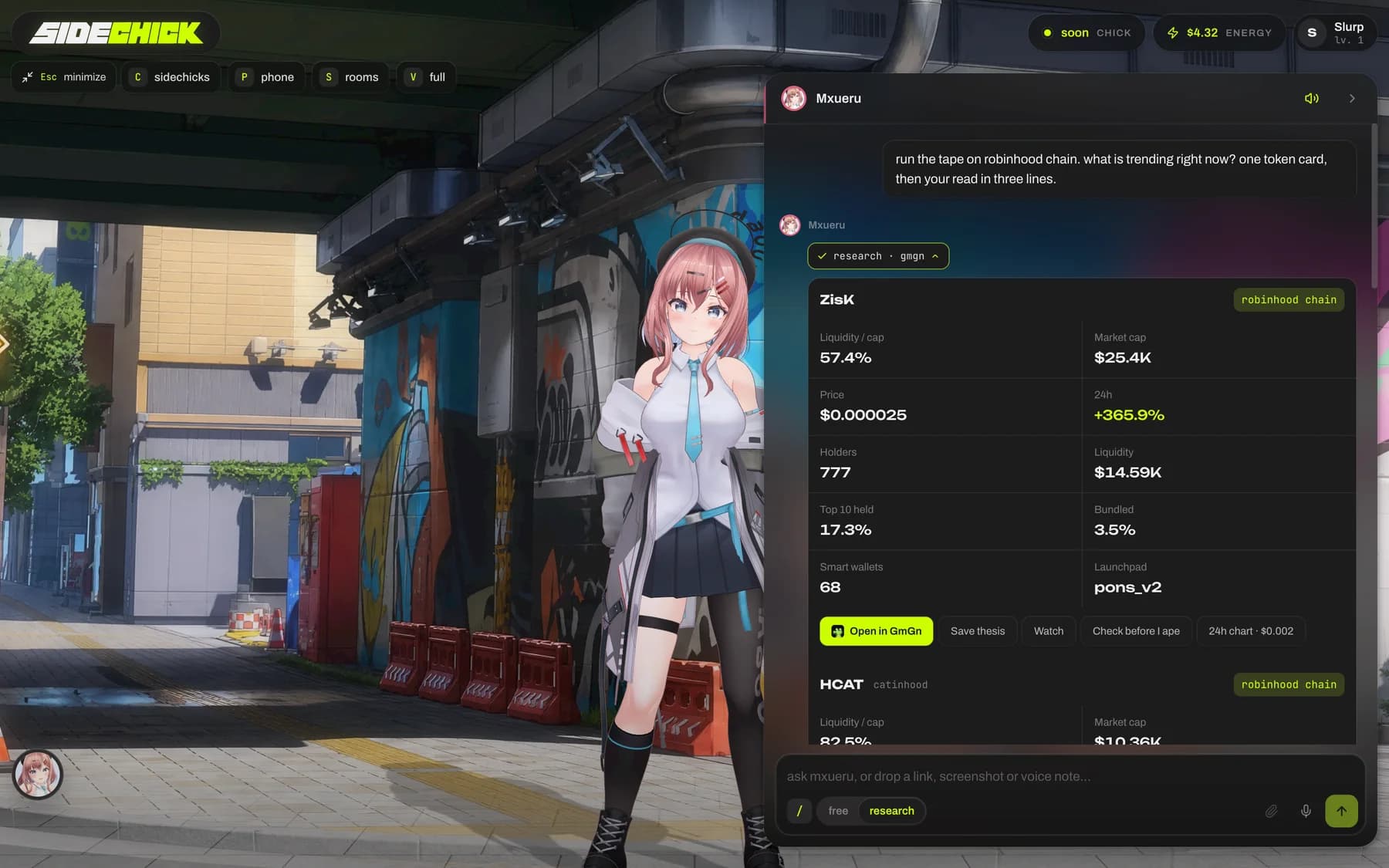 SideChick in stage mode: Rias standing in a plaza with a glass conversation column beside her.